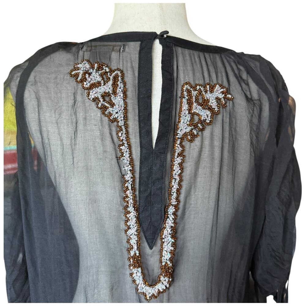 Gold Hawk Vintage Beaded Blouse Silk Sheer Black Top Boho  L - Picture 7 of 15